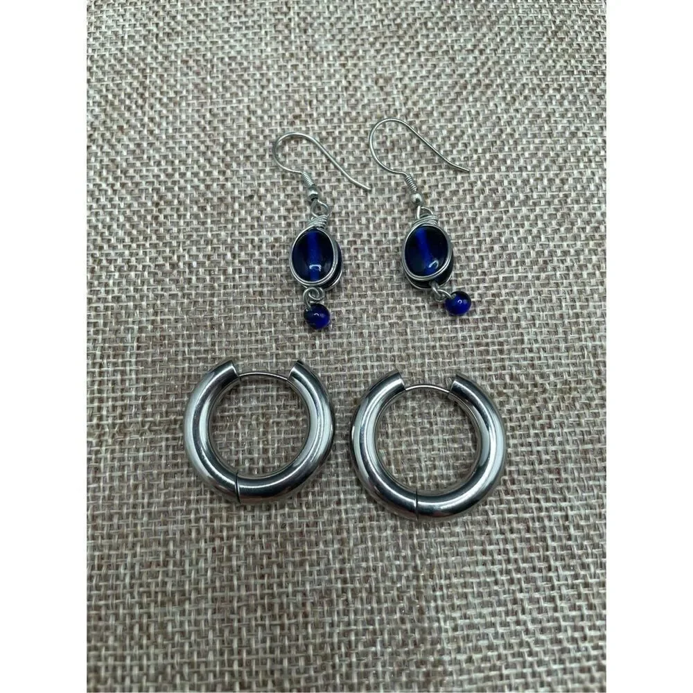 Earring Bundle 2 Pair Silver Pierced Earrings Blue Glass Dangle Earrings and Sil